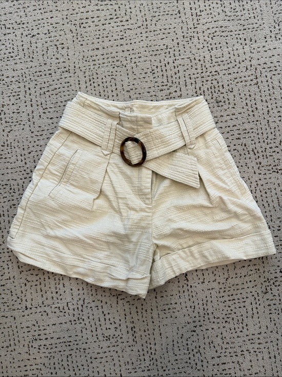 Sezane Pants - Sezane Cream High-Waist Belted Shorts with Tortoiseshell Ring
